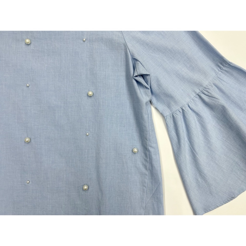 Sky Blue 3/4 Sleeve Faux Pearl Blouse - Picture 11 of 15